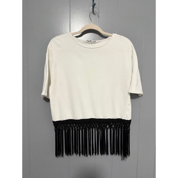 Zara Tops - Zara White Black Fringe Knit Short Sleeve Boxy Boho Minimalist Top S